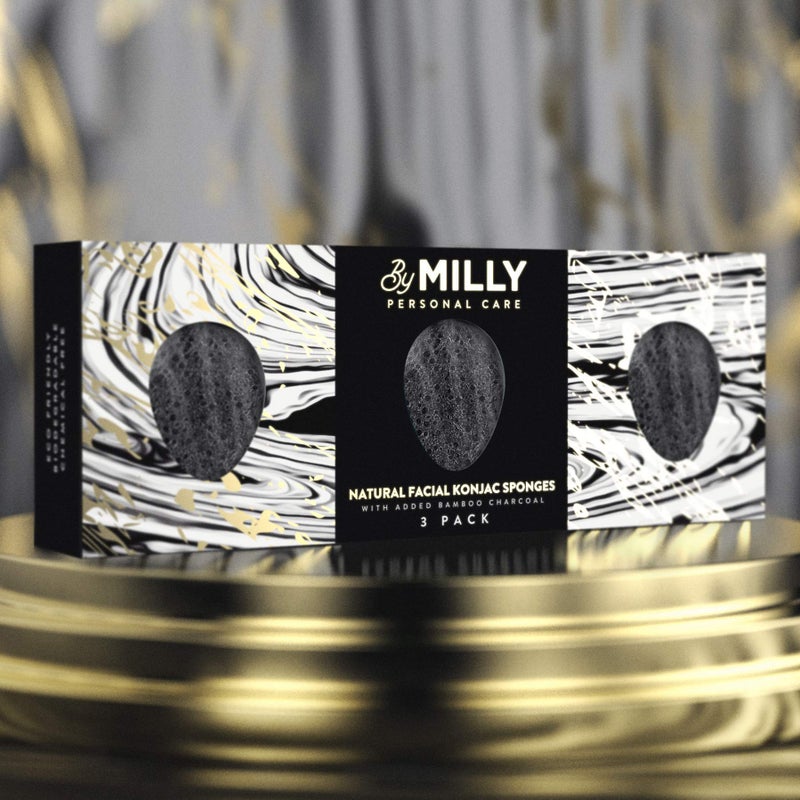 By MILLY Konjac Sponge for Face | All Natural and Reusable | Konjac Facial Sponge with Activated Bamboo Charcoal | Gentle Exfoliating Sponge for Face | Cleaning for All Skin Types | Biodegradable - Black  3pcs - Image 2